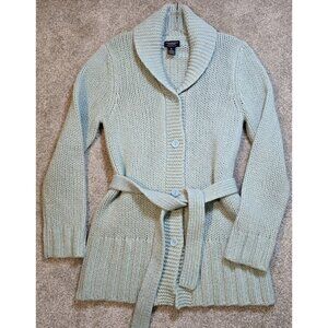 American Eagle Wool Cardigan Sweater Chunky Knit Long Belted Pastel Green Size M